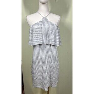 Splendid Womens Sz M Halter Mini Dress Linen Blend Blue White Stripe Coastal